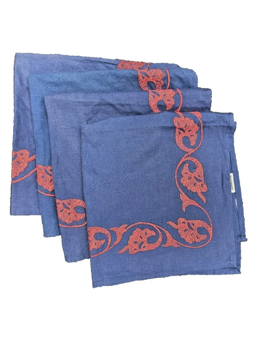 Lot of 12 Pier 1 Blue Cloth Napkins Coral Orange Embroidered Floral Cotton Linen